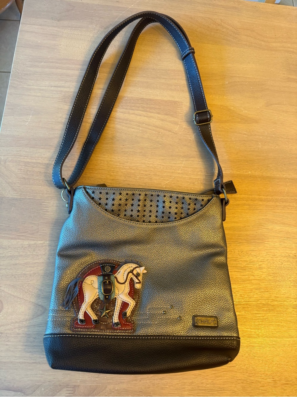Chala Horse Sweet Messenger Handbag Purse Pewter Brown Equestrian